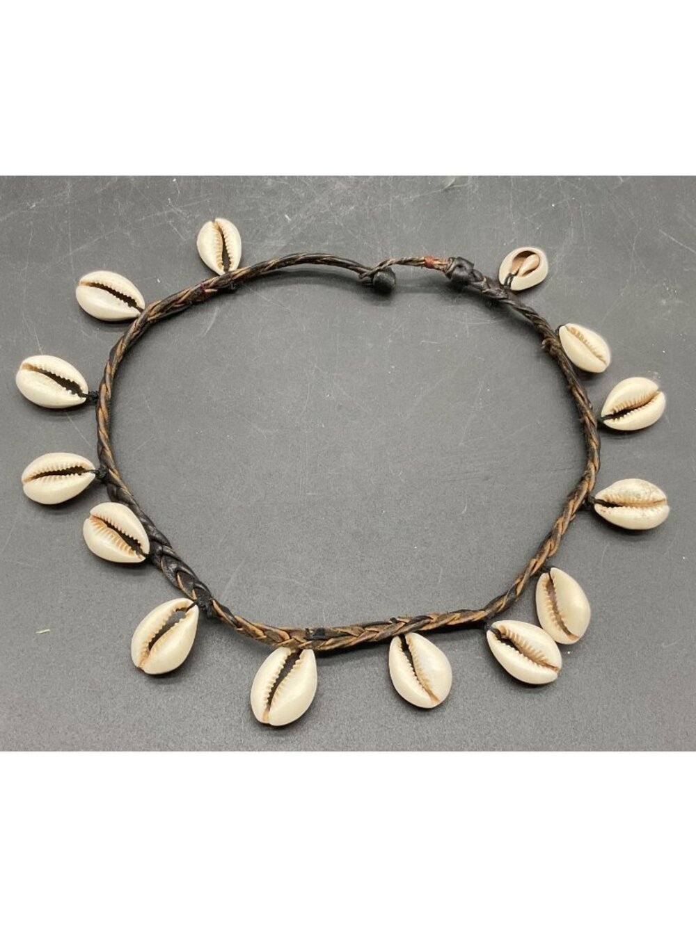 Cowrie Shell Braided Necklace With Natural Brown Cord & Adjustable Closure 17"L